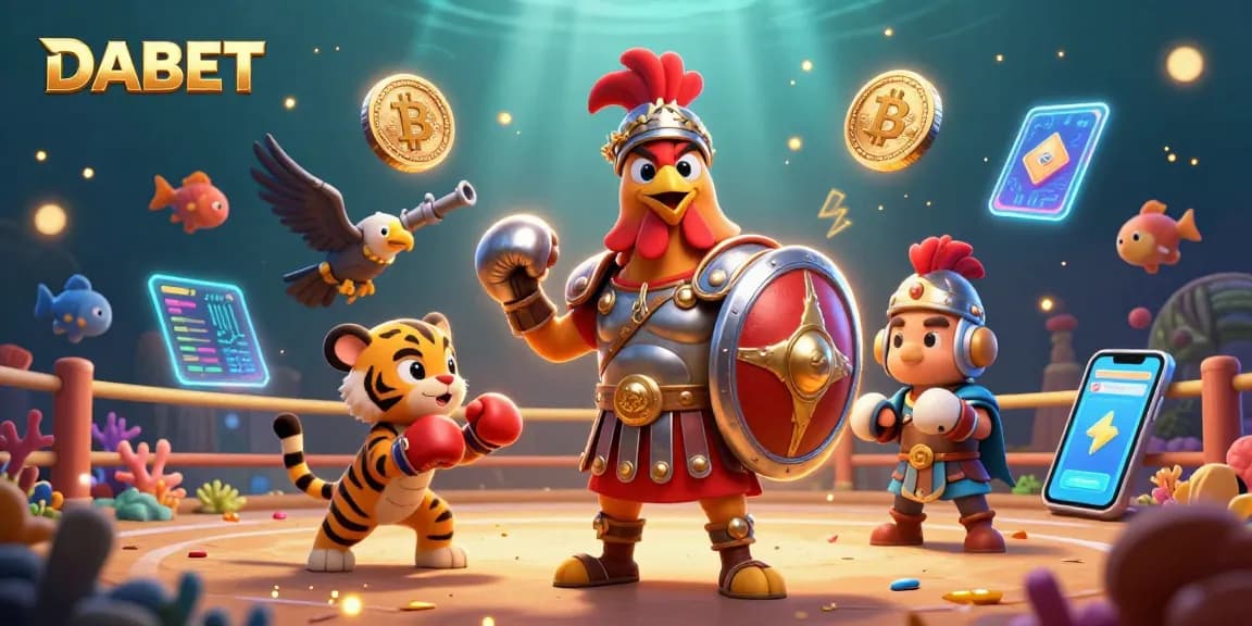 DABET reveals winning strategies in a lively cockfighting scene with dazzling crypto elements.