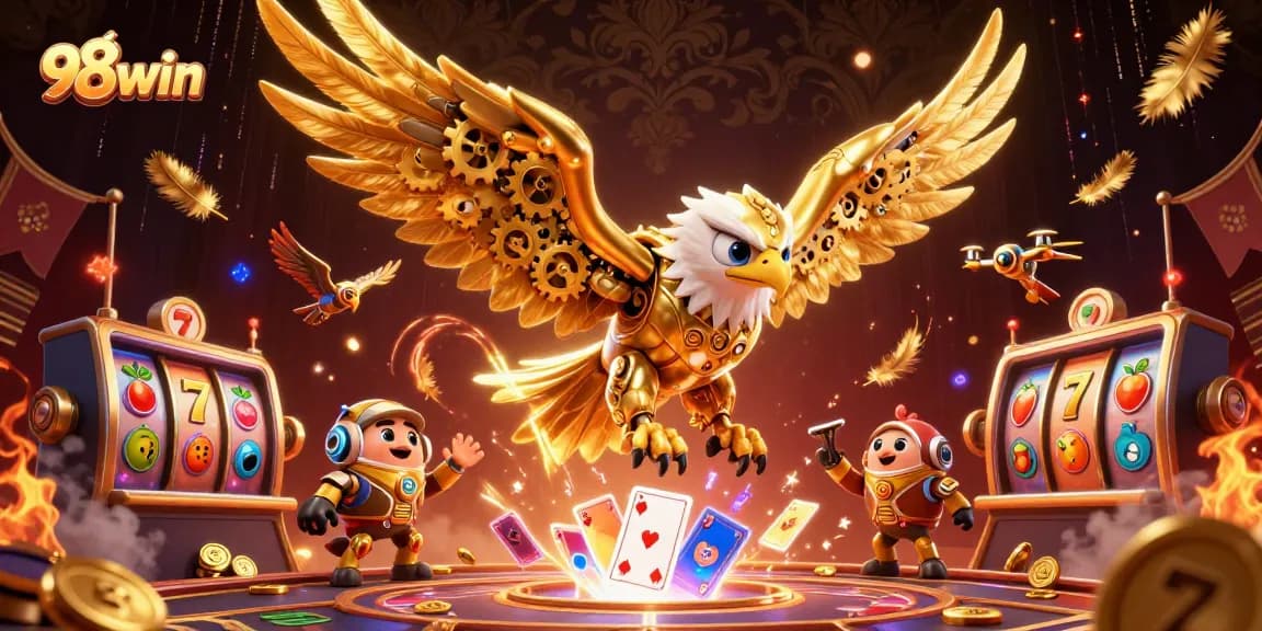 Experience thrilling gameplay at 98win with a dynamic 3D casino scene featuring golden eagles and holographic elements.