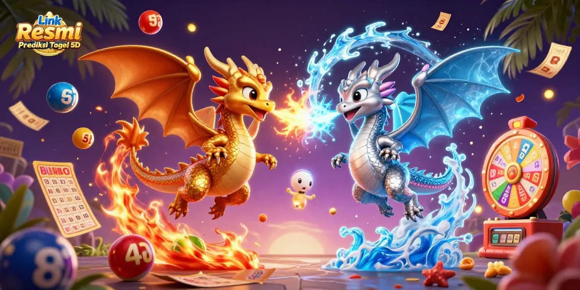 Engage with the exciting Link Resmi Prediksi Togel 5D scene featuring 3D cartoon dragons, lottery elements, and vibrant colors.