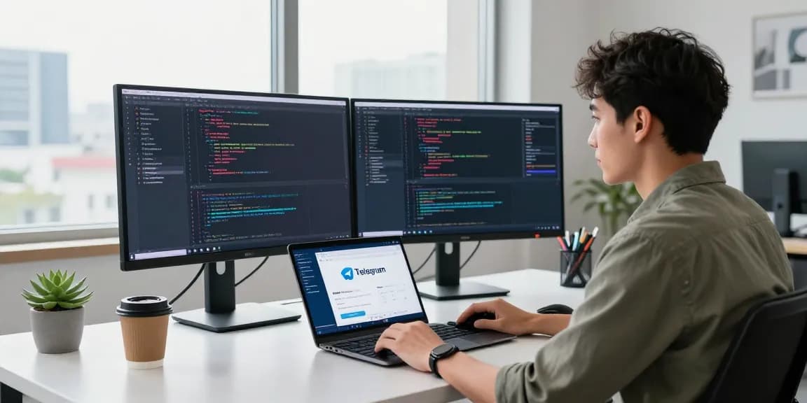 Engaging developer workspace showcasing Telegram Download on dual monitors in a tech environment.