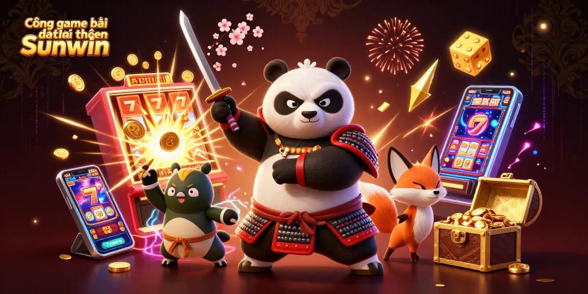 Cổng game bài đổi thưởng Sunwin showcases a dynamic scene with a panda samurai, ninja fox, and spirit tanuki amidst vibrant casino games.