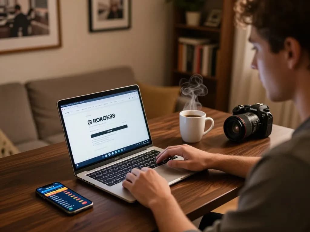 Using the ROKOK88 link login on a laptop for online slots, showcasing an inviting gaming setup