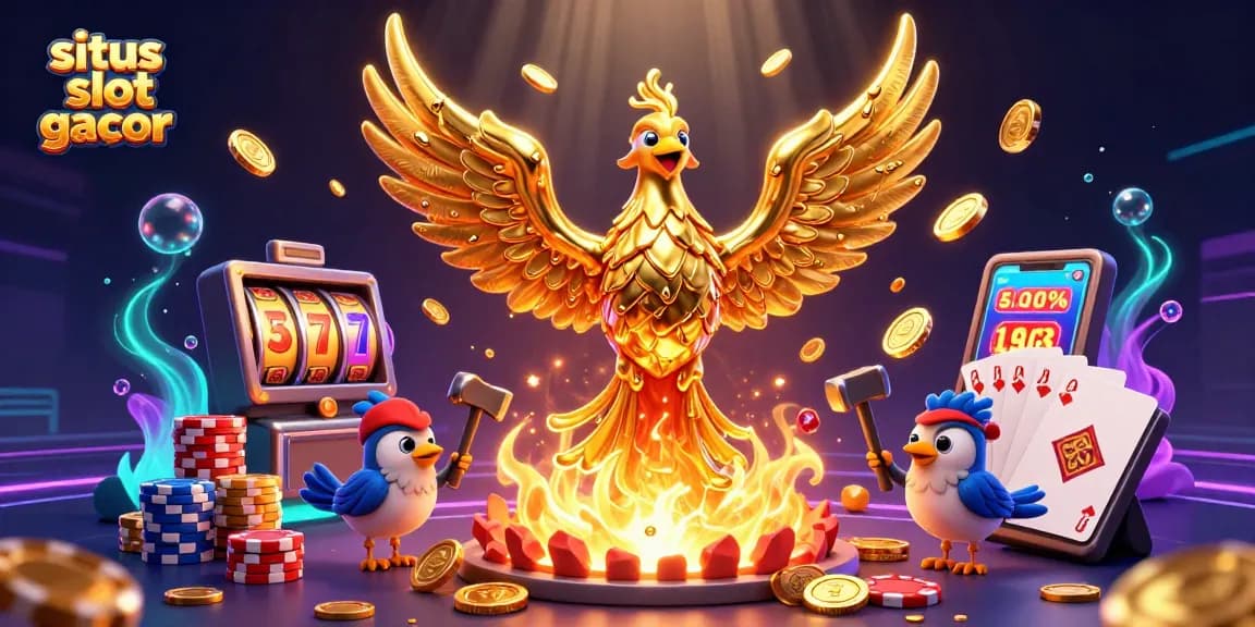 Experience thrilling wins with situs slot gacor, showcasing a vibrant 3D casino scene of golden phoenix and slot symbols.