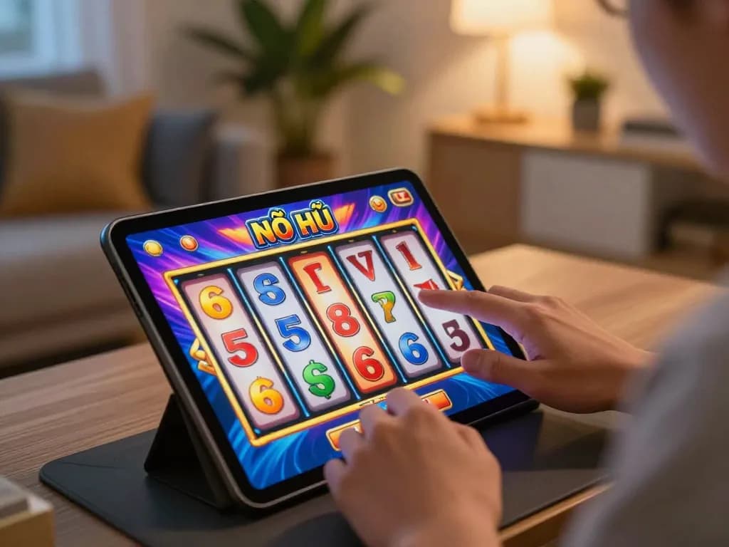 Nổ Hũ action as player spins the reels on a tablet, showcasing engaging online gambling experience