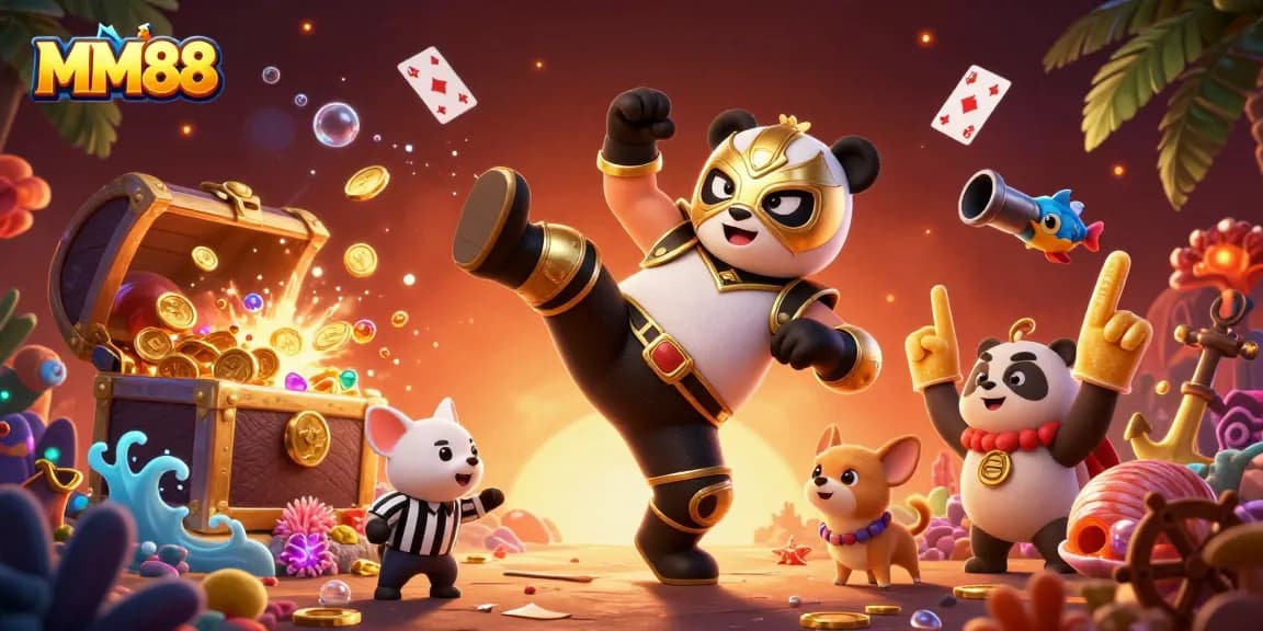 Experience the excitement of MM88 with a thrilling fight scene featuring panda wrestlers and gems.