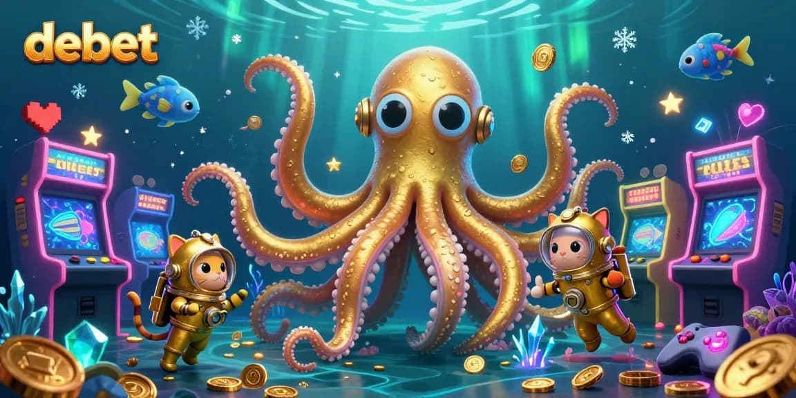 Engage with debet's thrilling casino atmosphere, showcasing a colossal kraken and diving cat in dynamic play.