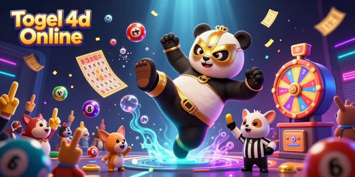 Togel 4d Online brings excitement with a panda wrestler's flying kick amid lottery elements and cheering animal fans.