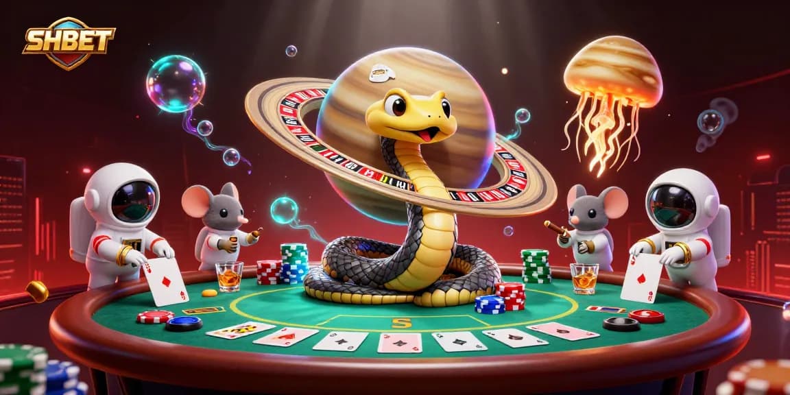 Experience thrilling bets at SHBET with astronaut mice wagering on a roulette-like Saturn ring, depicting cosmic casino excitement.