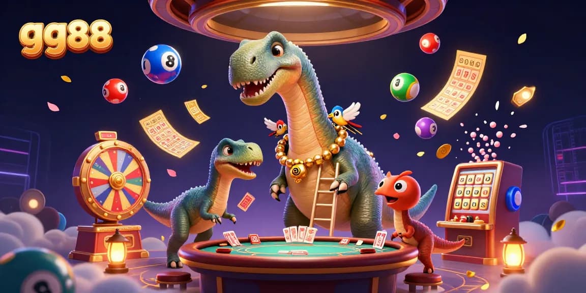 gg88 casino scene with cartoon dinosaurs dealing cards and lottery elements soaring around