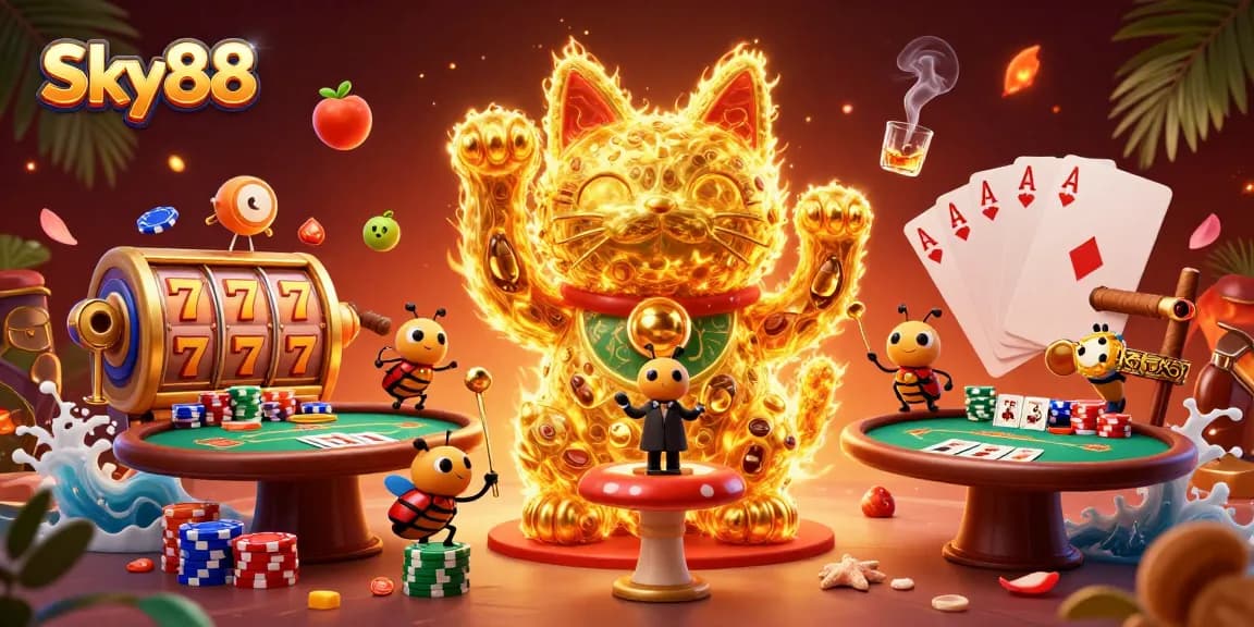Experience the thrilling ambiance of Sky88 with a dynamic illustration of a lucky cat and casino elements.