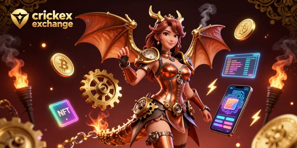 Experience crickex exchange with thrilling 3D illustration showcasing a dynamic woman and a clockwork dragon amidst crypto elements.