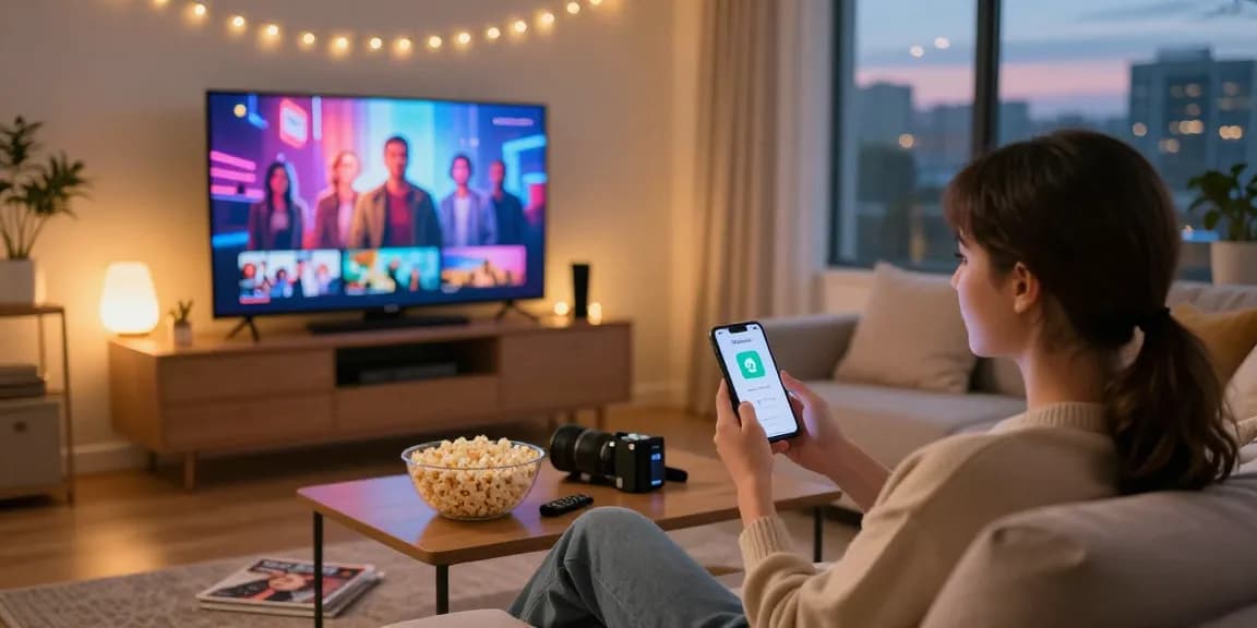 Enjoying Pikashow APK on smartphone in cozy living room with ambient lights.