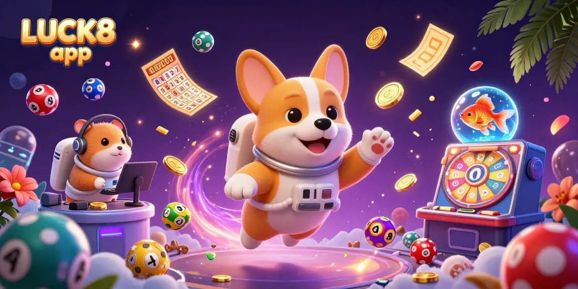 Experience the excitement of the LUCK8 app in a vibrant casino space scene with colorful elements.