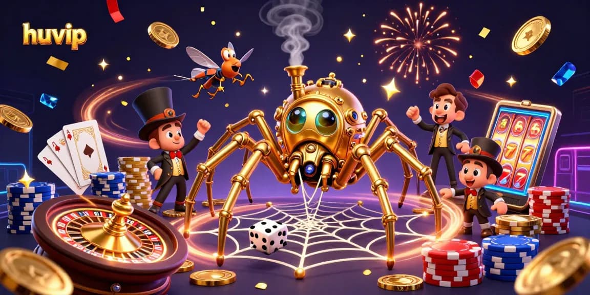 Play exciting games at Huvip with golden spider highlighting winning combinations and vibrant casino elements.