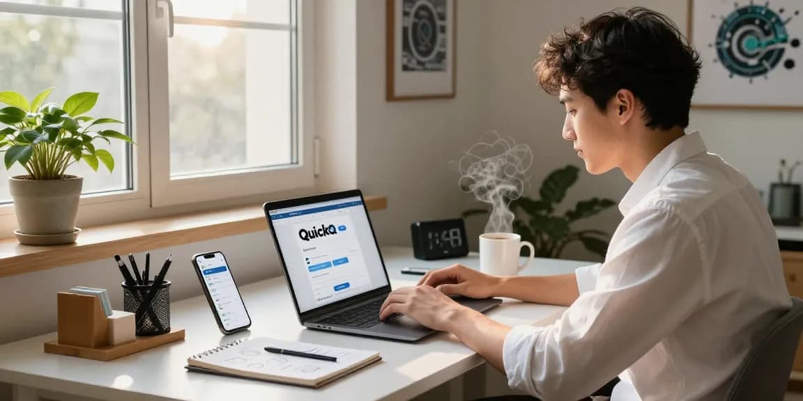 正在使用QuickQ下载页面的年轻职业人士,现代家办公环境