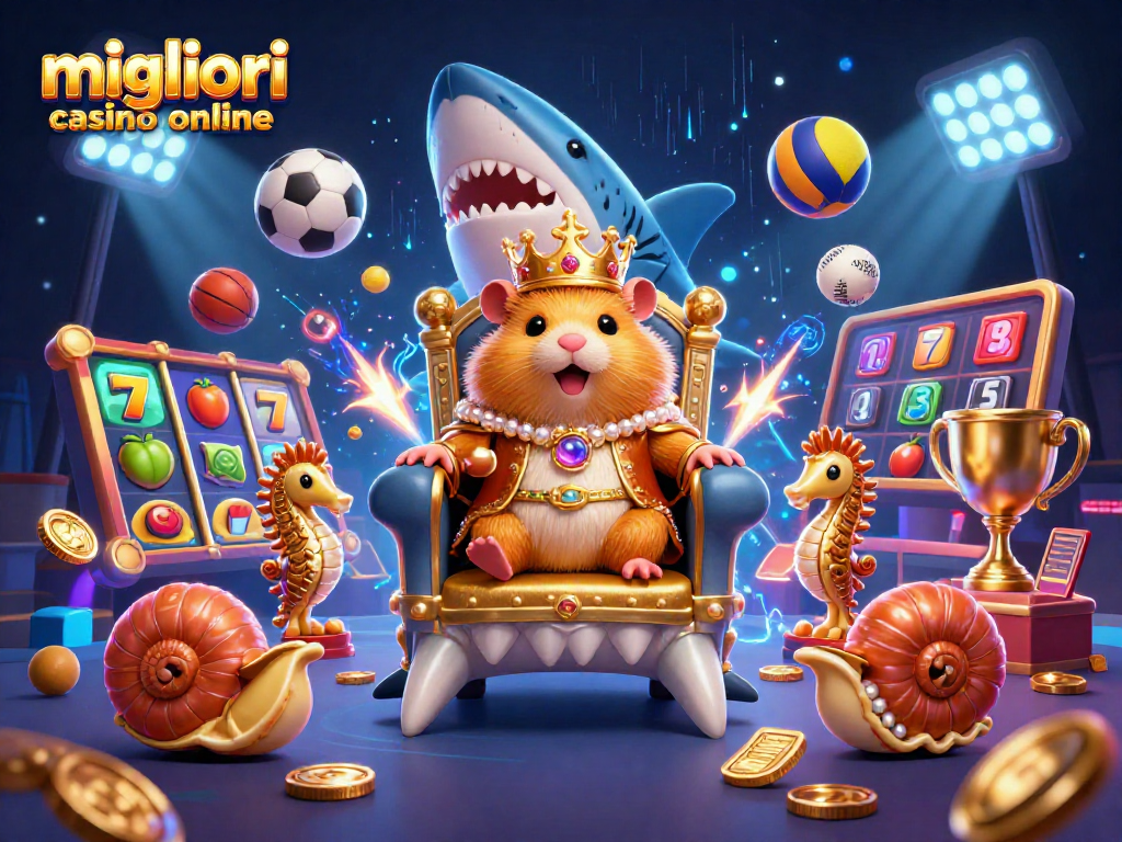 Immagine dei migliori casino online con una scena dinamica di un re criceto d'oro su un trono di denti megalodon e slot machine.