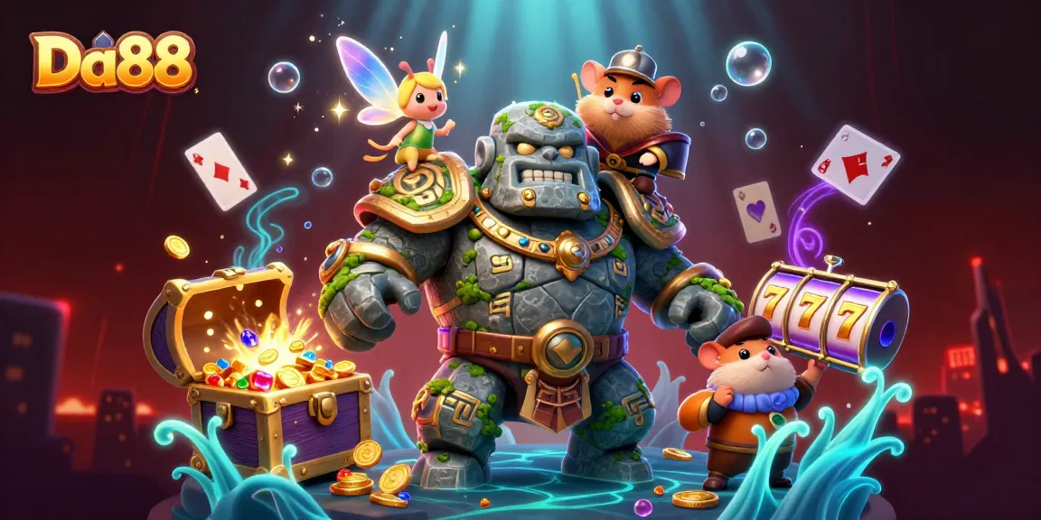 Experience thrilling gameplay at Da88 with dynamic 3D characters amidst colorful casino elements.