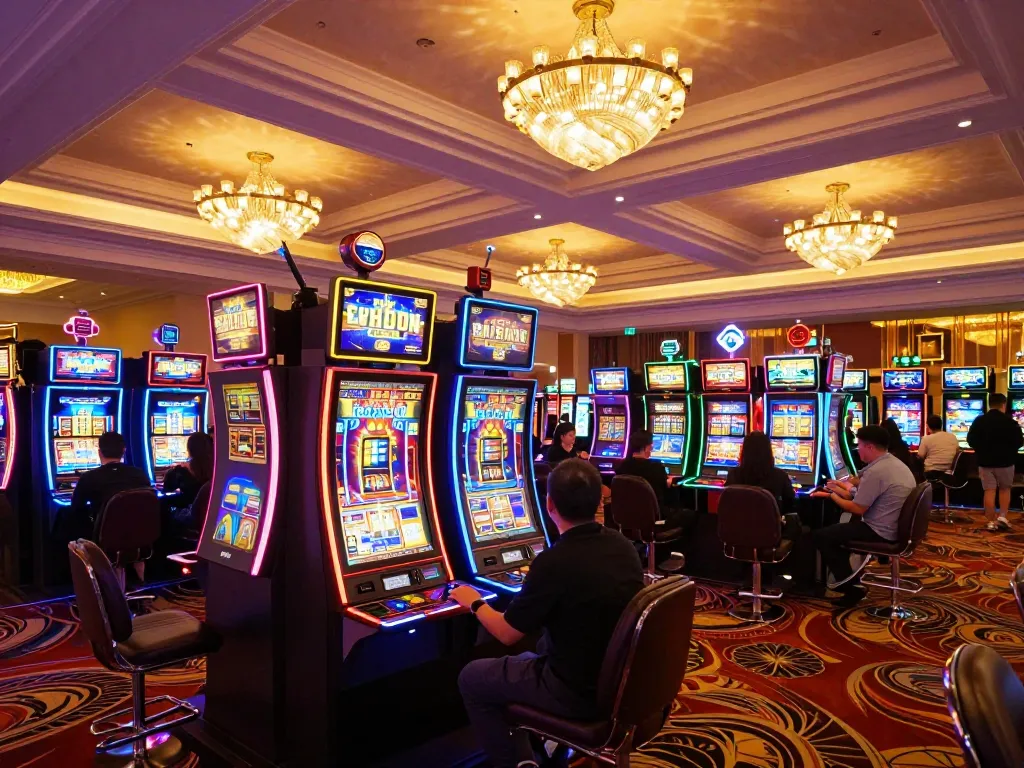 SUN WIN players celebrating wins at vibrant slot machines in an upscale casino