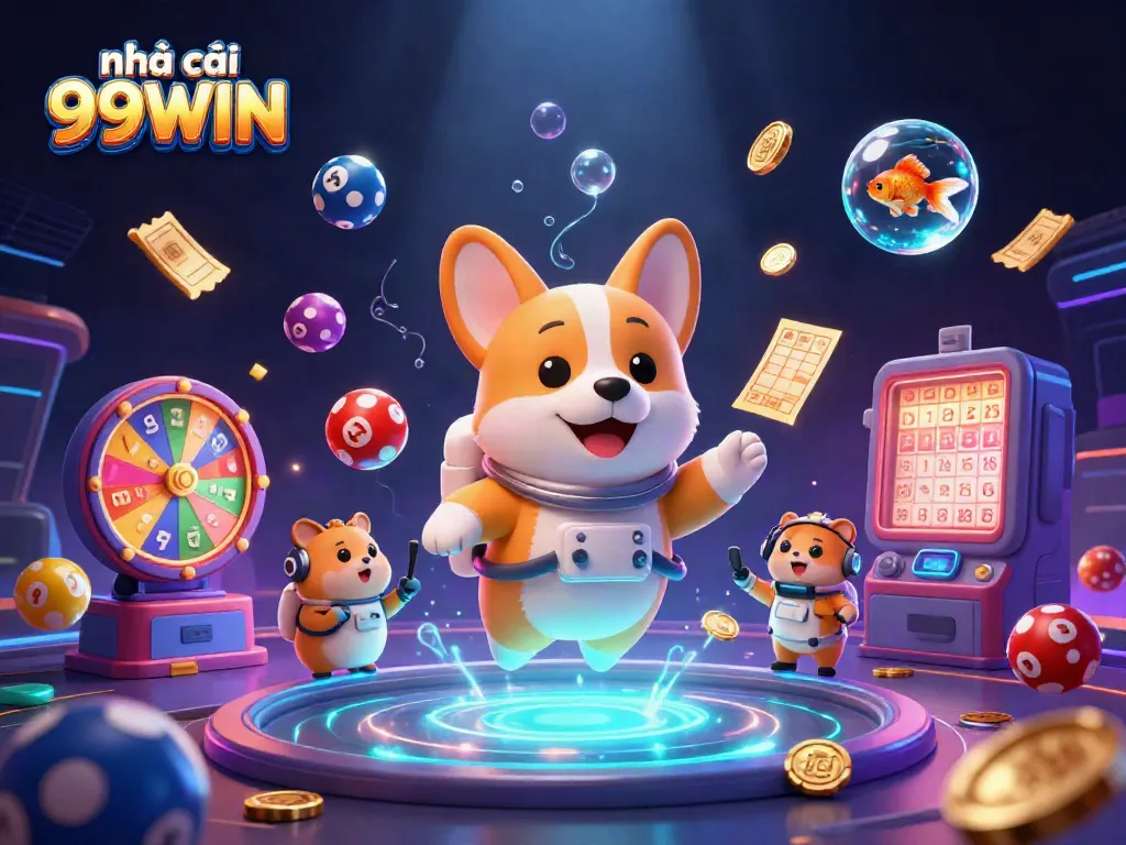 Play exciting casino games at nhà cái 99WIN with a fun scene of animated characters and vibrant gaming elements.