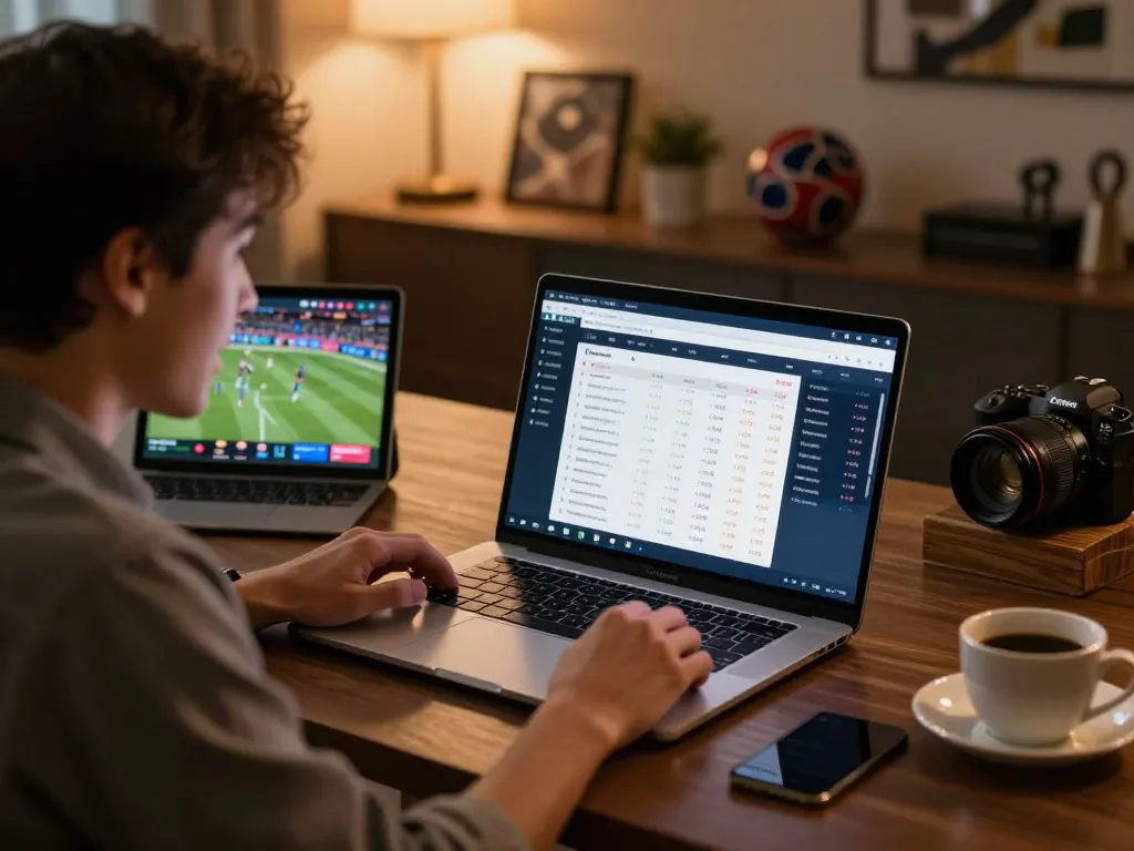 Engaged user analyzing keobongda sports betting odds on laptop in a modern home office
