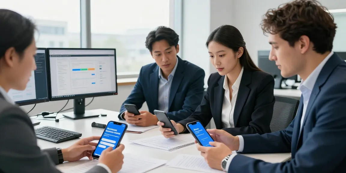 Business professionals evaluating which business mobile provider is best UK while collaborating in a modern office.