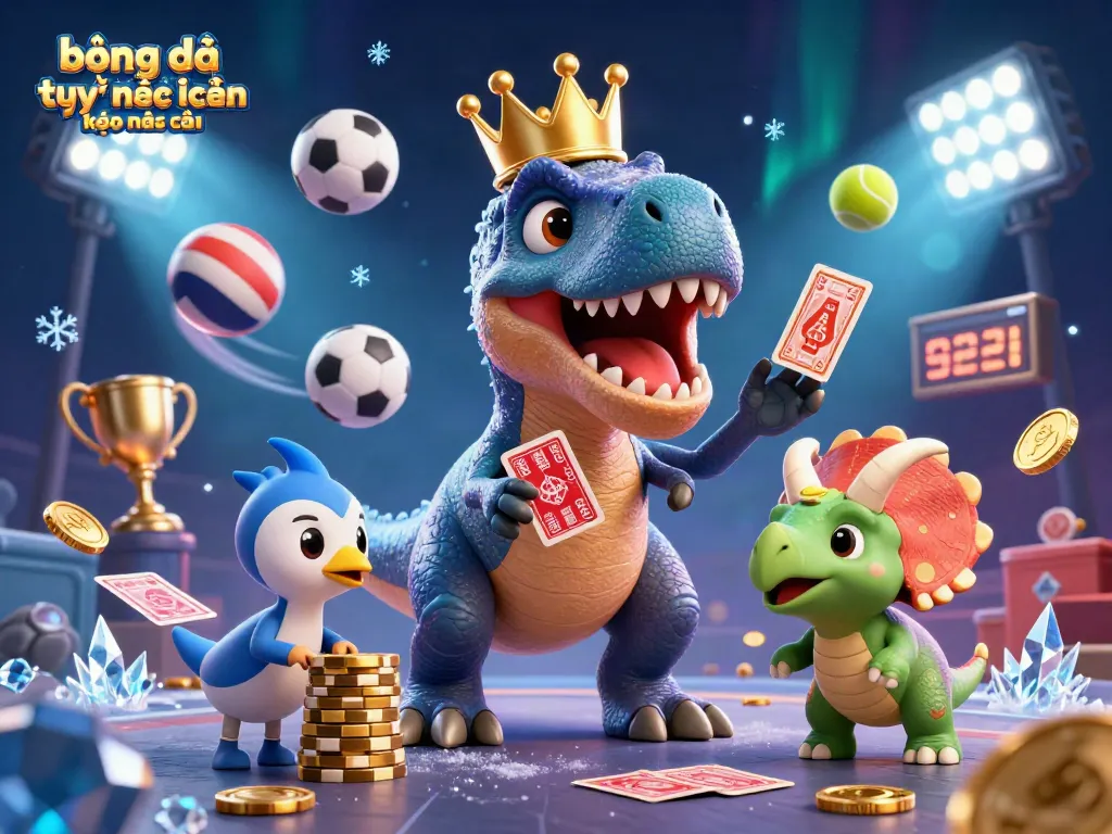 Bóng đá trực tuyến kèo nhà cái với khung cảnh sống động của T-Rex và bạn bè trong casino ảo