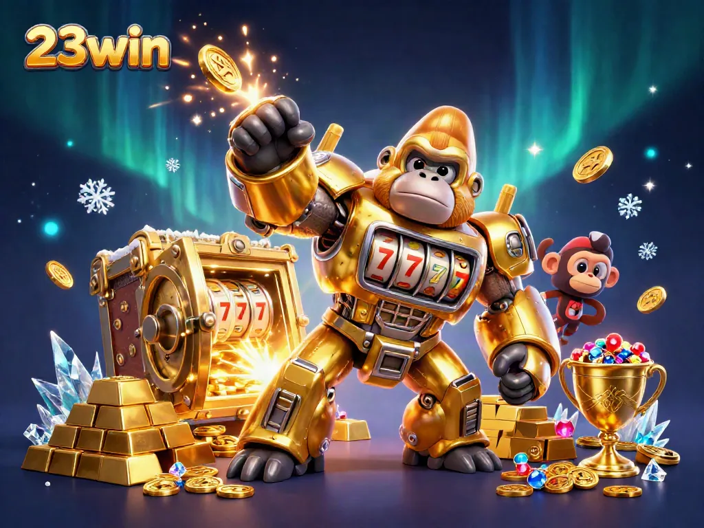 Watch exciting gameplay and wins at 23win's online casino with a dazzling golden gorilla mech.