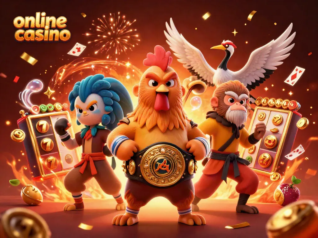 Disfruta de una emocionante escena en un casino online, con personajes animados rodeados de tragamonedas y jackpots.