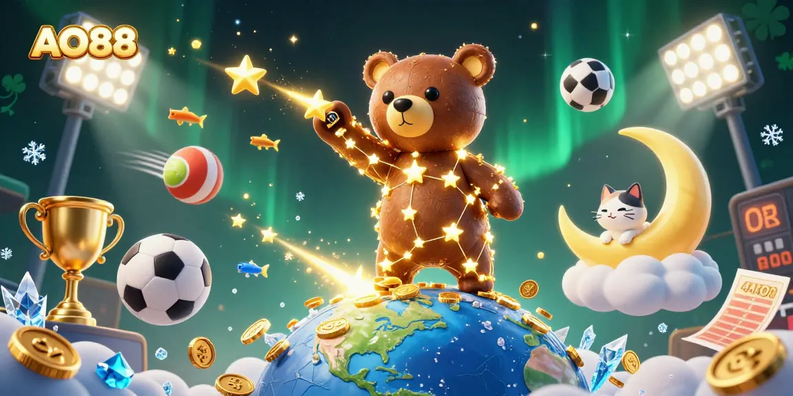 Engage with AO88's thrilling casino action, featuring vibrant illustrations of sports and winning moments.