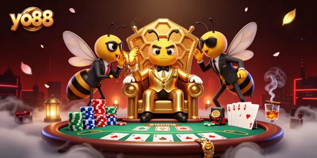 Win exciting games at yo88 with a dynamic scene of themed casino characters and vibrant elements.