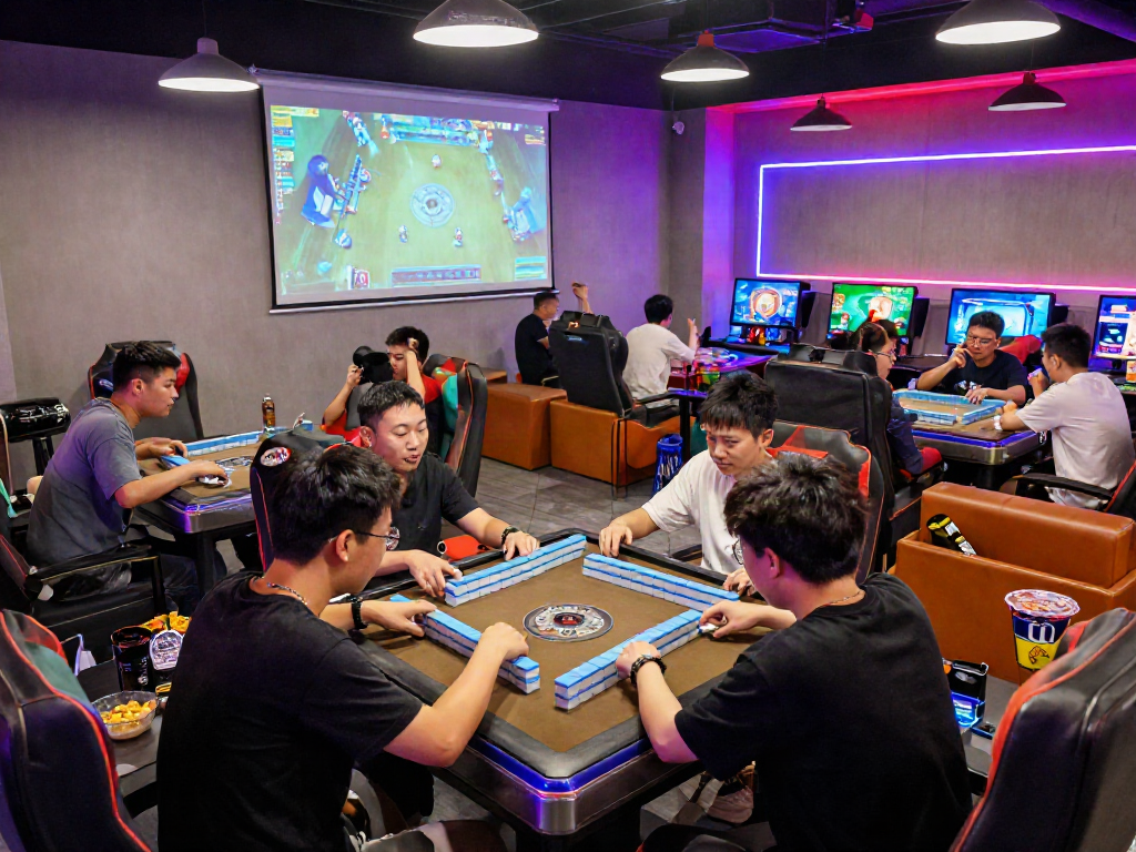 MAHJONGJP88 hari ini gaming lounge with players engaged in exciting matches and snacks.