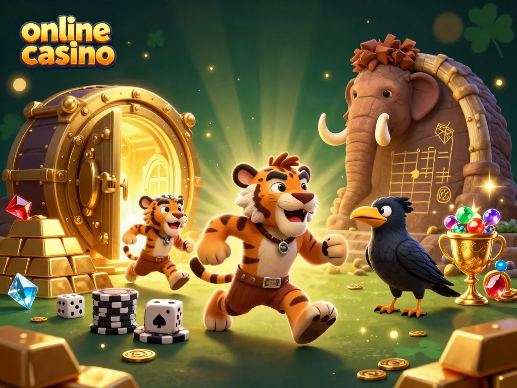 Los personajes interactúan en un casino online, usando fichas de póker y dados, iluminados por luces doradas y joyas brillantes.