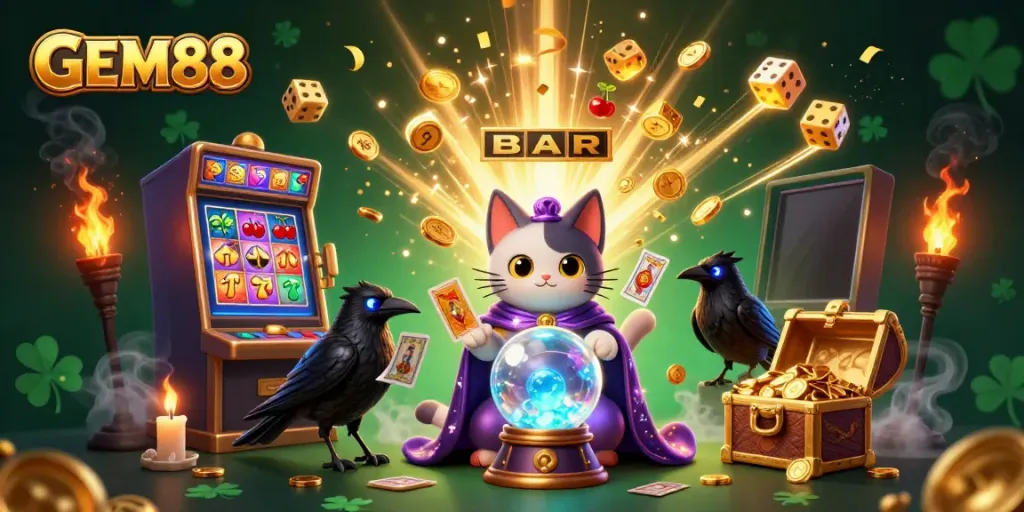 Experience exhilarating jackpots with GEM88, featuring a whimsical scene of a mystical cat and raven amidst vibrant casino elements.