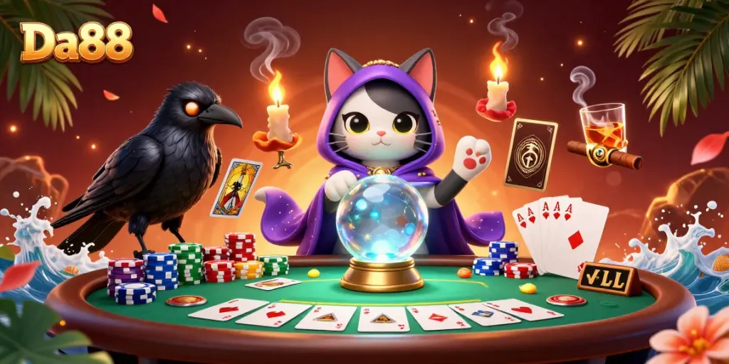Engage with Da88's thrilling casino experience, featuring a mystic cat and vivid poker scene.