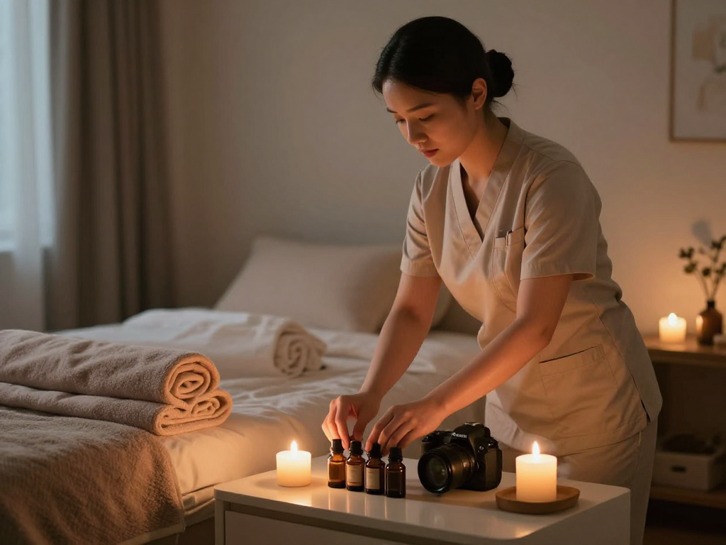 Experience rejuvenating 광명출장마사지 in a serene home environment, with a professional therapist preparing soothing oils in a calming bedroom setting.