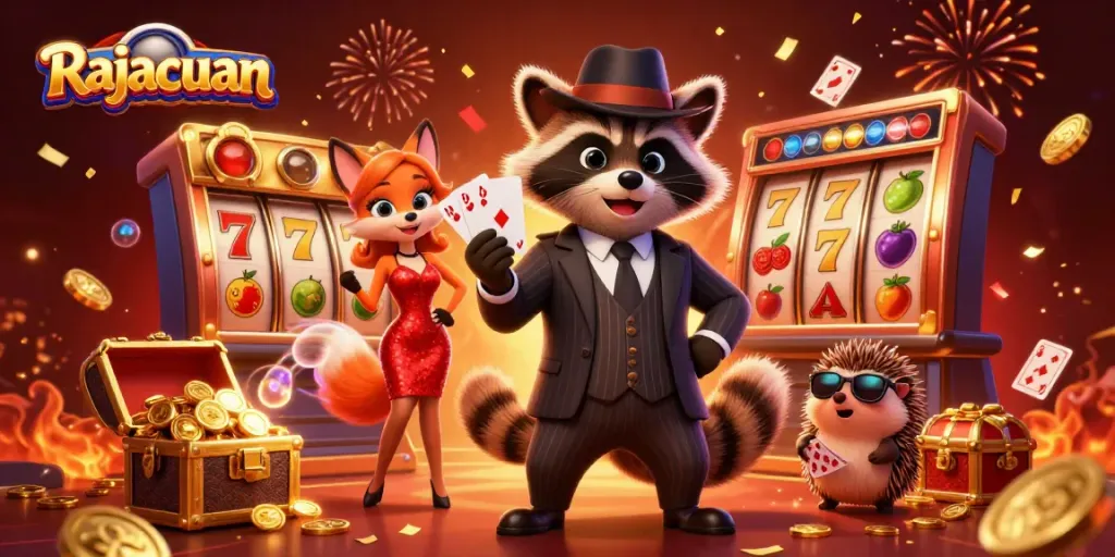 Spin for fortune with Rajacuan as a suave raccoon showcases a royal flush in a vibrant casino scene.