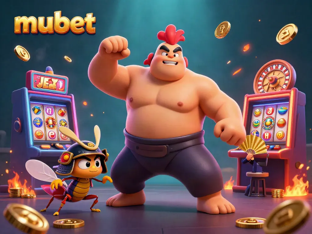 Engage in vibrant gambling adventures with mubet, featuring a sumo rooster and samurai cricket in a casino scene.