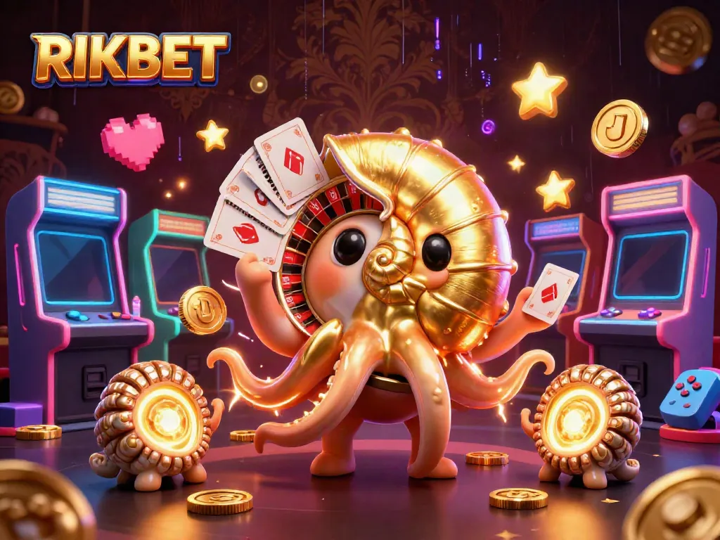 Experience exciting gameplay at RIKBET with the ancient nautilus as a roulette wheel surrounded by colorful game machines.