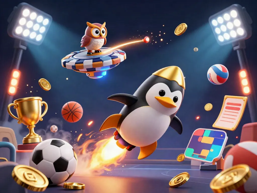 Experience the thrilling action of mubet with a golden penguin racing toward a casino in space.
