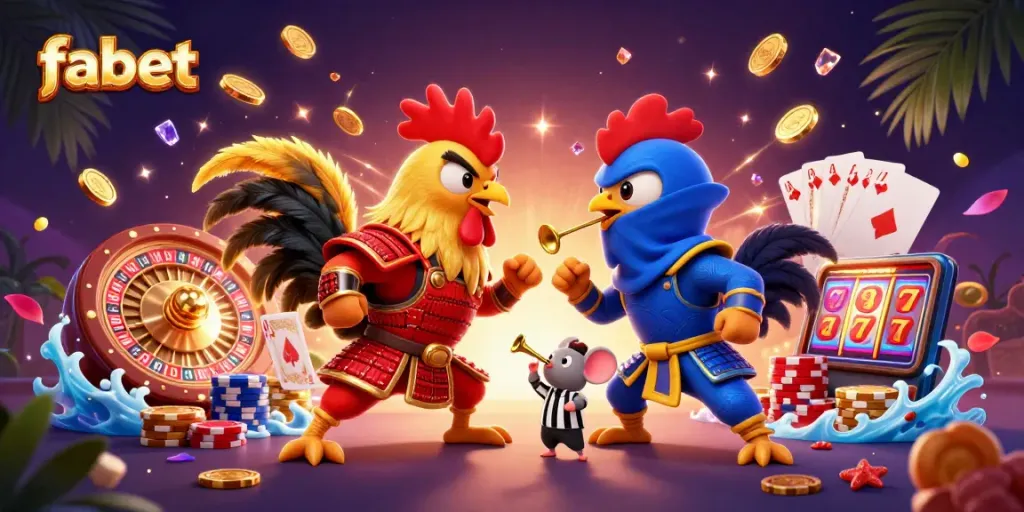 Engage with fabet in a dynamic 3D illustration of rooster fighters with casino elements.