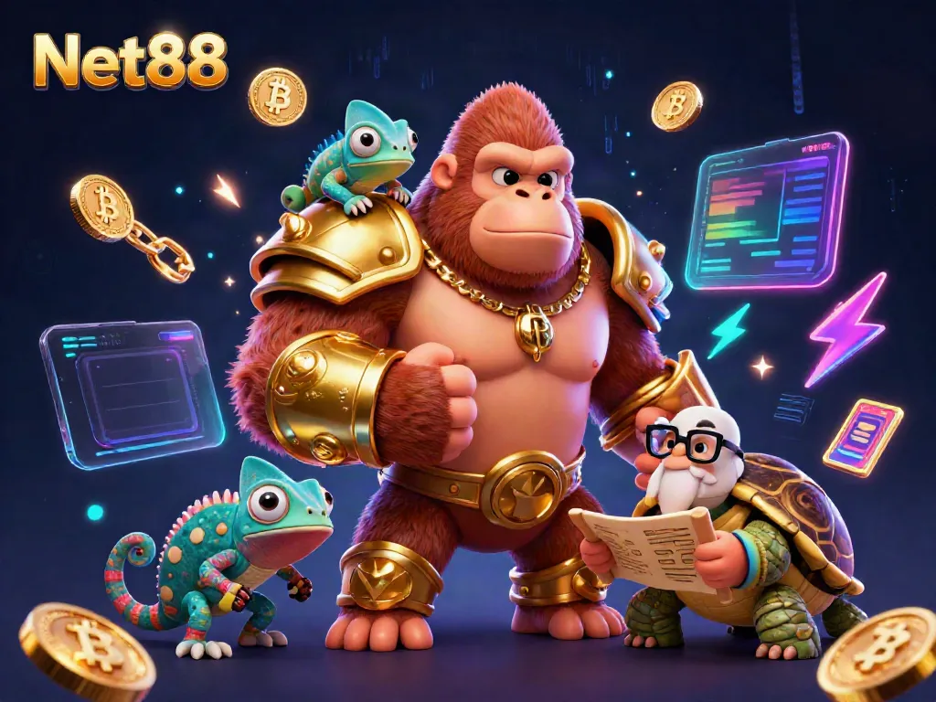 Experience thrilling gaming at Net88 with a vibrant 3D gorilla, chameleon, and tortoise showcasing dynamic gambling elements.