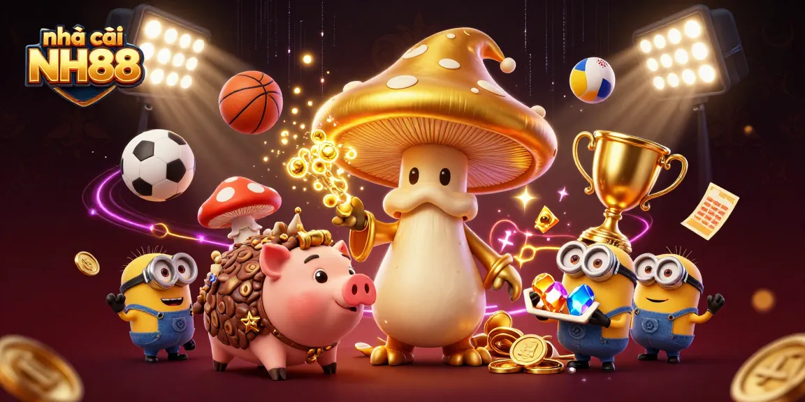 Experience the enchanting world of nhà cái NH88 with a golden mushroom wizard and treasures galore!