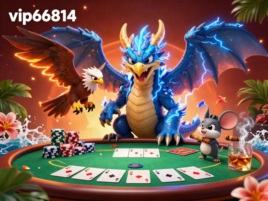 Experience thrilling poker action with vip66814 in an electrifying 3D scene showcasing vibrant characters, chips, and cards.