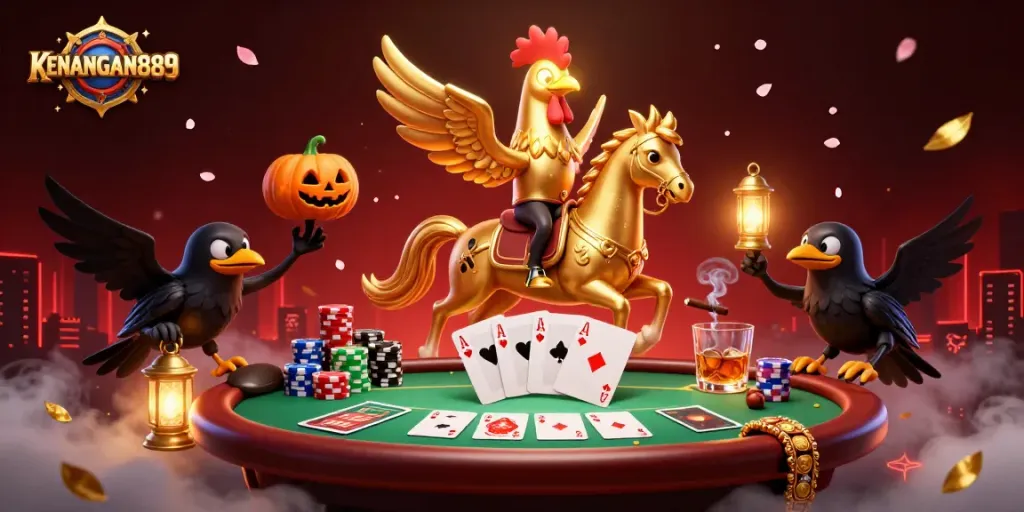Experience the vibrant energy of KENANGAN889's casino scene with a golden rooster and magical elements.