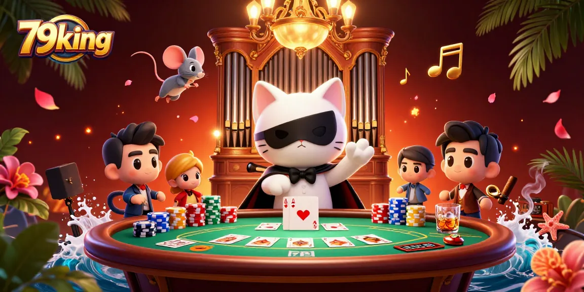 Engage in exciting action at 79king with a vibrant casino scene featuring a poker table and animated characters.