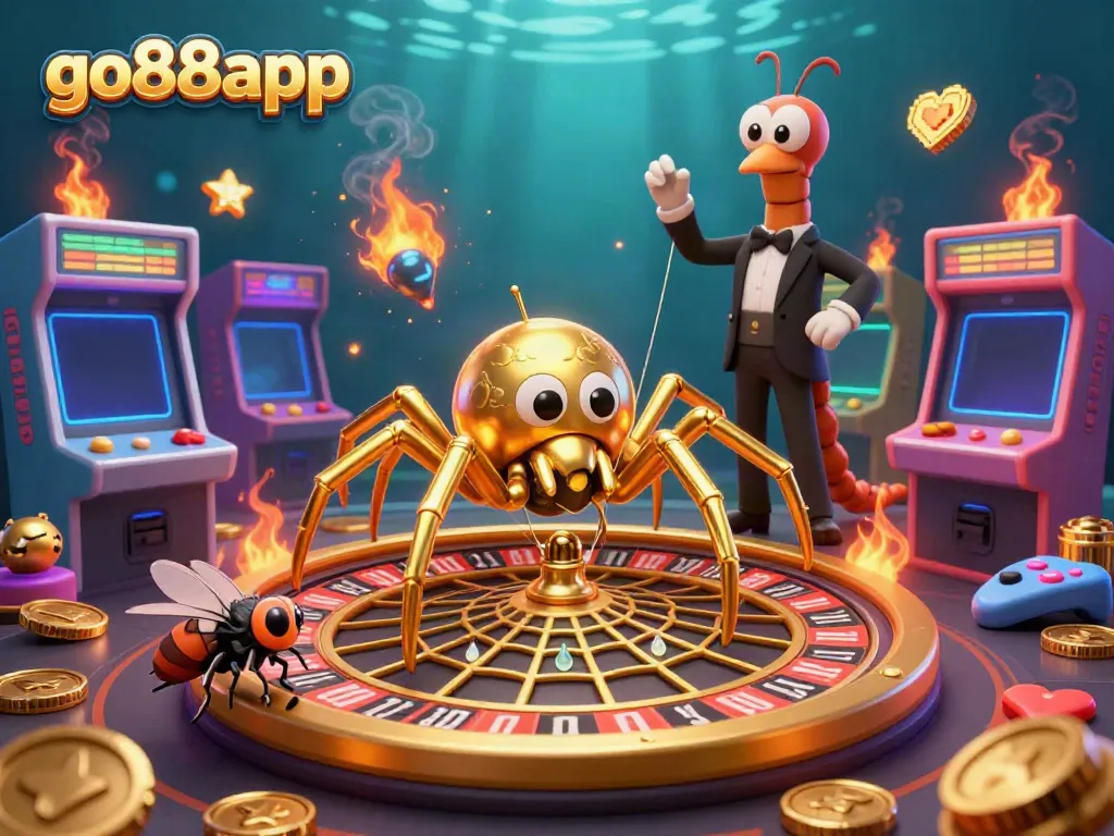 Join the action at go88app with a vibrant 3D illustration showcasing a golden spider and centipede croupier in a casino setting.