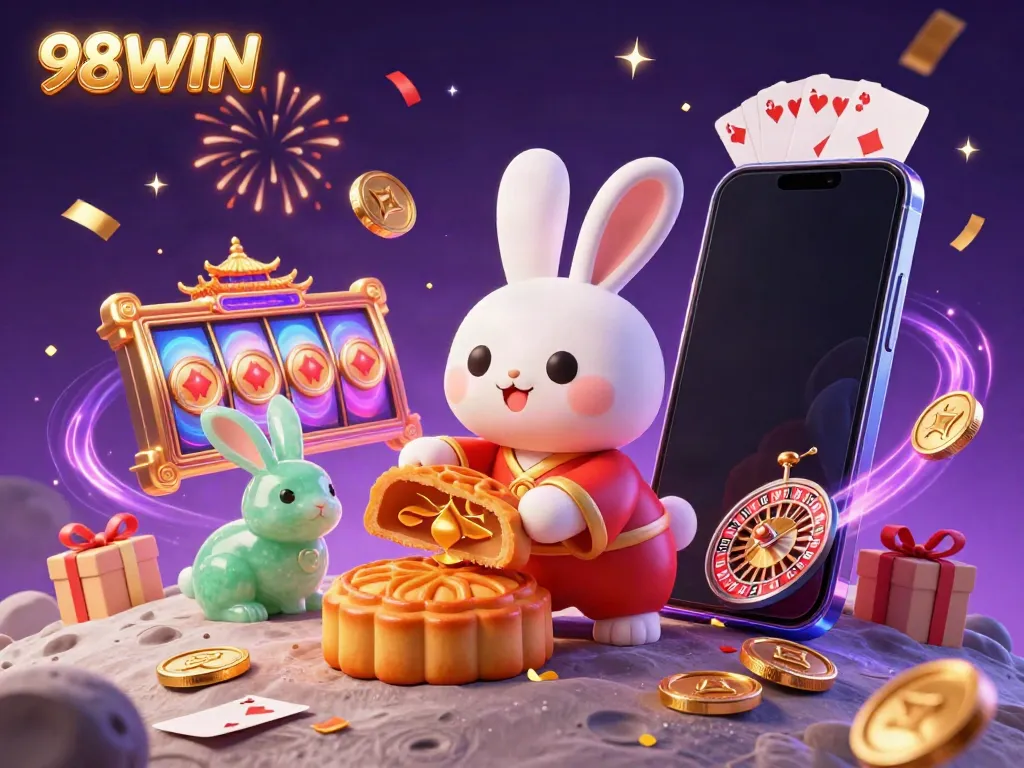 Experience the excitement of 98WIN with a lunar casino scene featuring the moon rabbit and poker chips.