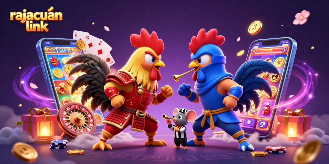 Engage with rajacuan link while watching fierce roosters battle, adorned with dynamic casino elements.