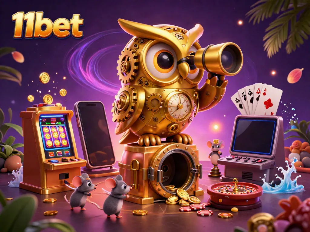 Experience thrilling casino excitement with 11bet as a golden owl surveys the vibrant gaming floor.