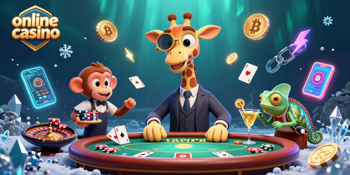 Experience thrilling action at an online casino with a high-roller giraffe, poker elements, and digital currencies.